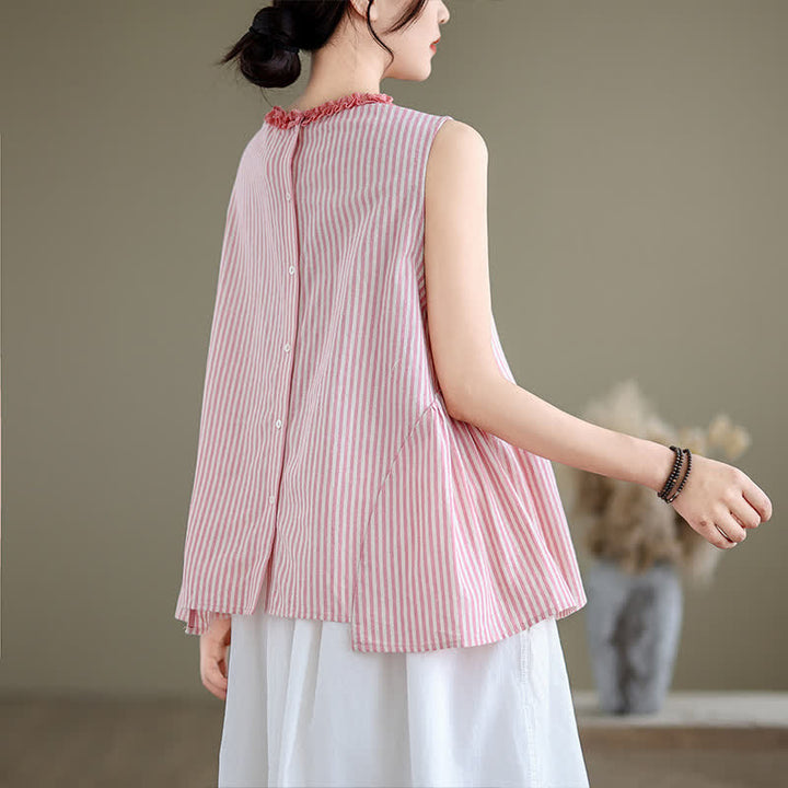 Buddha Stones Camiseta sin mangas elegante de verano con abertura lateral y cuello redondo a rayas para mujer. - image 15