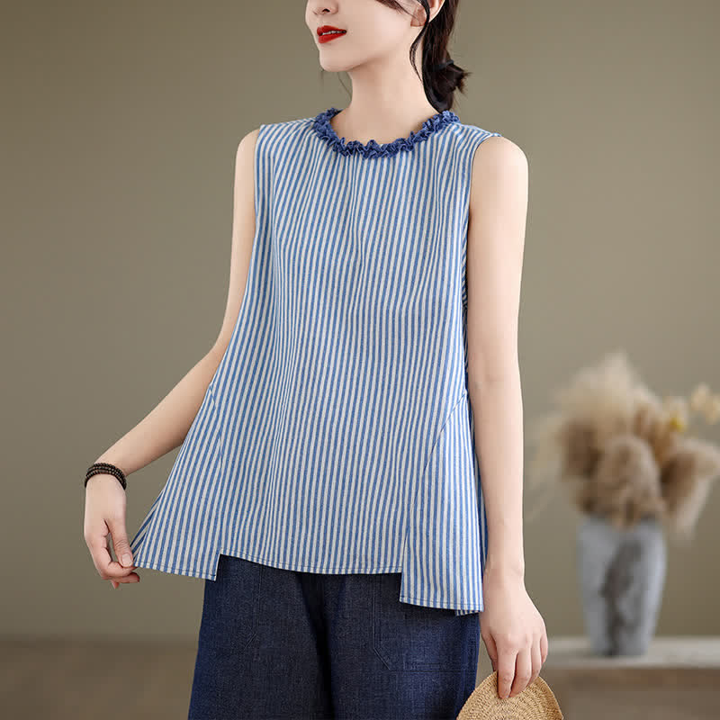 Buddha Stones Camiseta sin mangas elegante de verano con abertura lateral y cuello redondo a rayas para mujer. - image 1