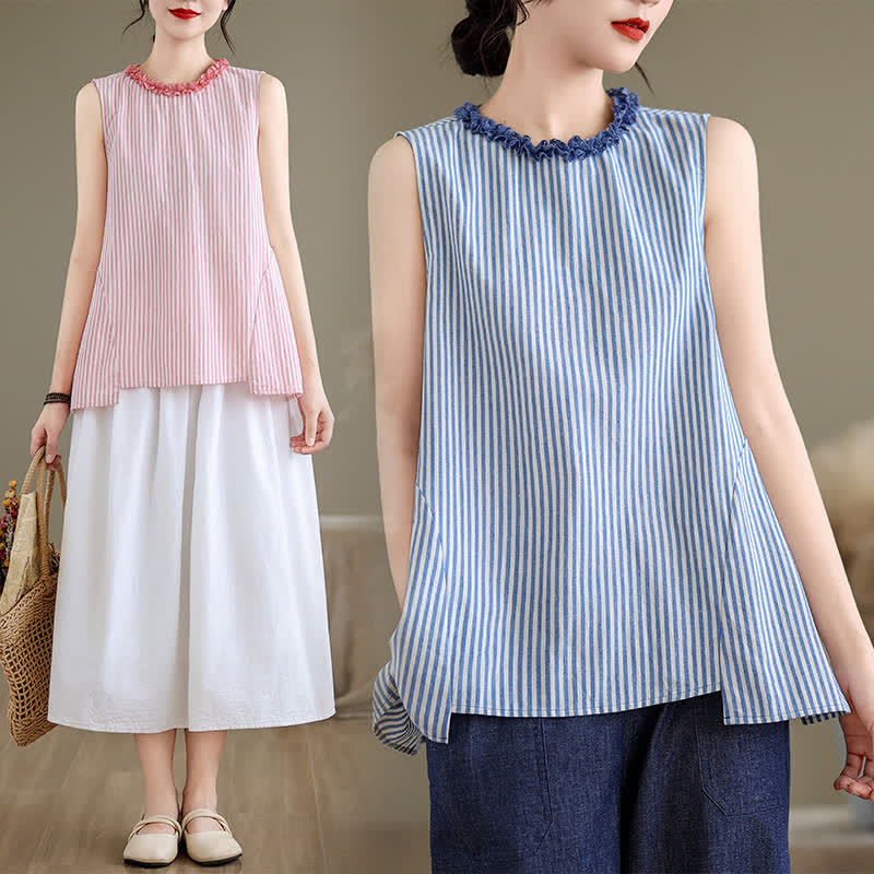 Buddha Stones Camiseta sin mangas elegante de verano con abertura lateral y cuello redondo a rayas para mujer. - image 18
