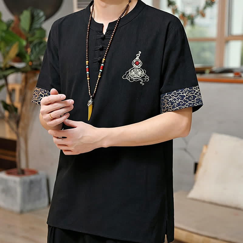 Buddha Stones Camisas de manga corta para hombre estilo Tang de verano con bordado de botones de rana y calabaza. - image 6