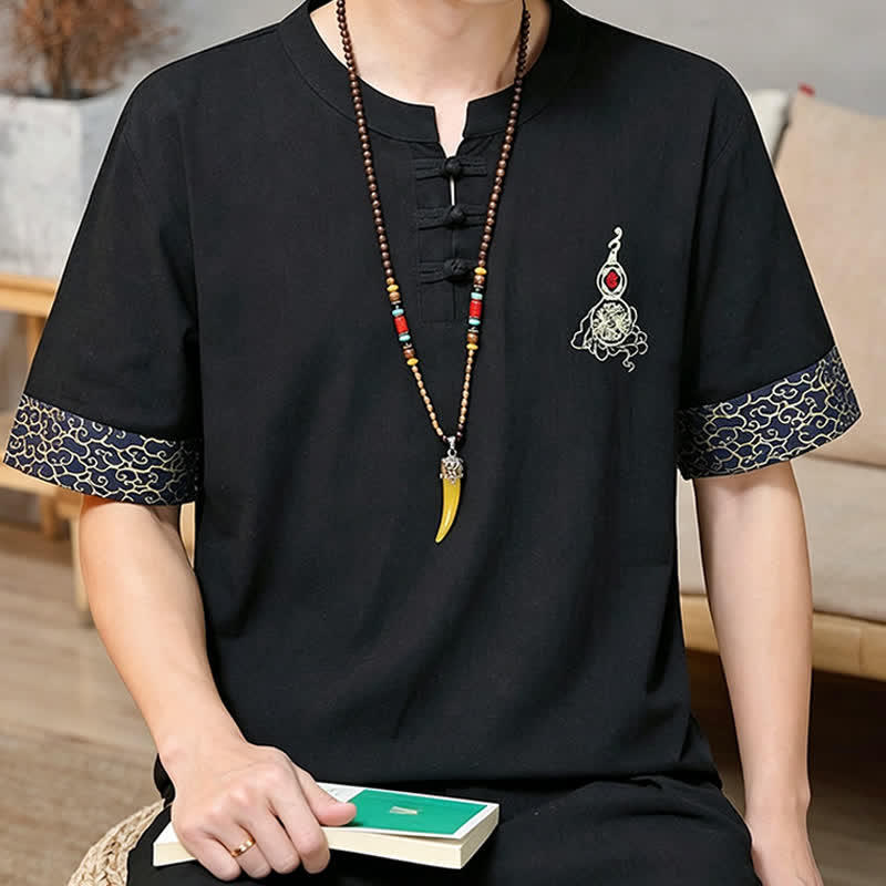 Buddha Stones Camisas de manga corta para hombre estilo Tang de verano con bordado de botones de rana y calabaza. - image 7