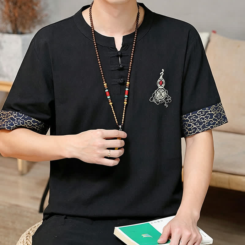 Buddha Stones Camisas de manga corta para hombre estilo Tang de verano con bordado de botones de rana y calabaza. - image 8