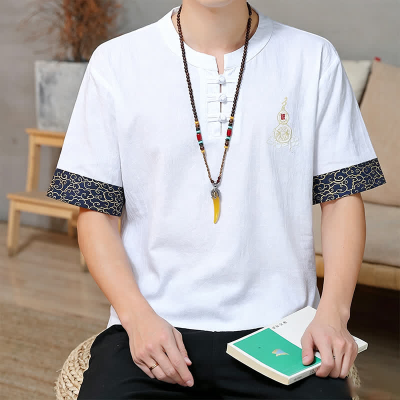 Buddha Stones Camisas de manga corta para hombre estilo Tang de verano con bordado de botones de rana y calabaza. - image 26