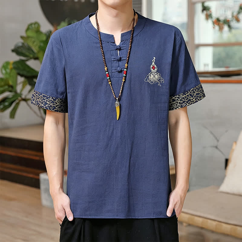 Buddha Stones Camisas de manga corta para hombre estilo Tang de verano con bordado de botones de rana y calabaza. - Azul acero - US/UK/AU46, EU56 (5XL) - image 0