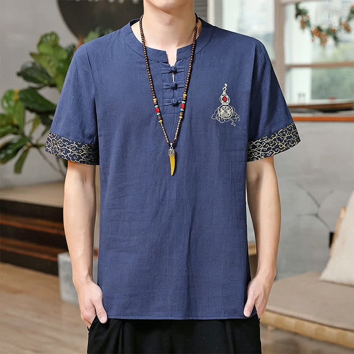 Buddha Stones Camisas de manga corta para hombre estilo Tang de verano con bordado de botones de rana y calabaza. - Azul acero - US/UK/AU46, EU56 (5XL) - image 0