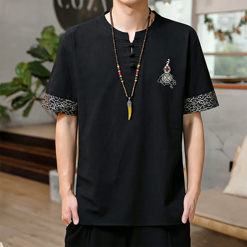 Buddha Stones Camisas de manga corta para hombre estilo Tang de verano con bordado de botones de rana y calabaza. - Negro - US/UK/AU46, EU56 (5XL) - image 5