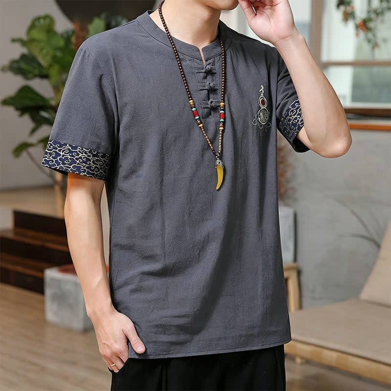 Buddha Stones Camisas de manga corta para hombre estilo Tang de verano con bordado de botones de rana y calabaza. - image 11
