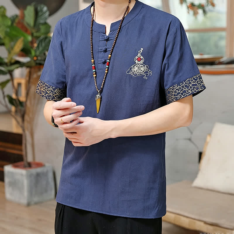 Buddha Stones Camisas de manga corta para hombre estilo Tang de verano con bordado de botones de rana y calabaza. - image 1