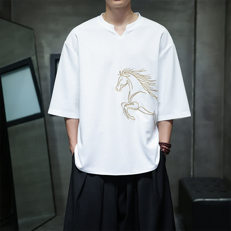 Buddha Stones Camisetas de manga corta de algodón para hombre, estilo casual veraniego, minimalistas, con bordado de caballo. - Blanco - US/UK/AU46, EU56 (5XL) - image 0