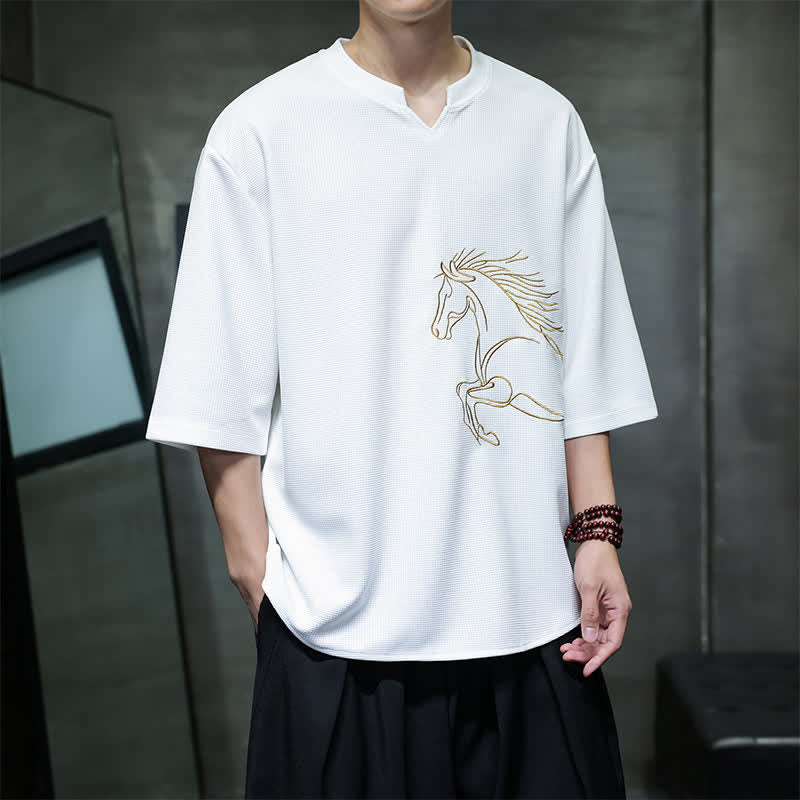 Buddha Stones Camisetas de manga corta de algodón para hombre, estilo casual veraniego, minimalistas, con bordado de caballo. - image 1