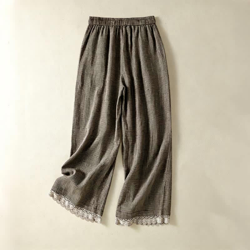 Buddha Stones Pantalones tobilleros de lino a cuadros con cordón ajustable, estilo casual de verano para mujer, de pierna ancha y con bolsillo. - image 1