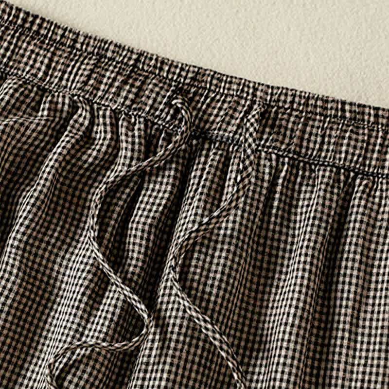 Buddha Stones Pantalones tobilleros de lino a cuadros con cordón ajustable, estilo casual de verano para mujer, de pierna ancha y con bolsillo. - image 5