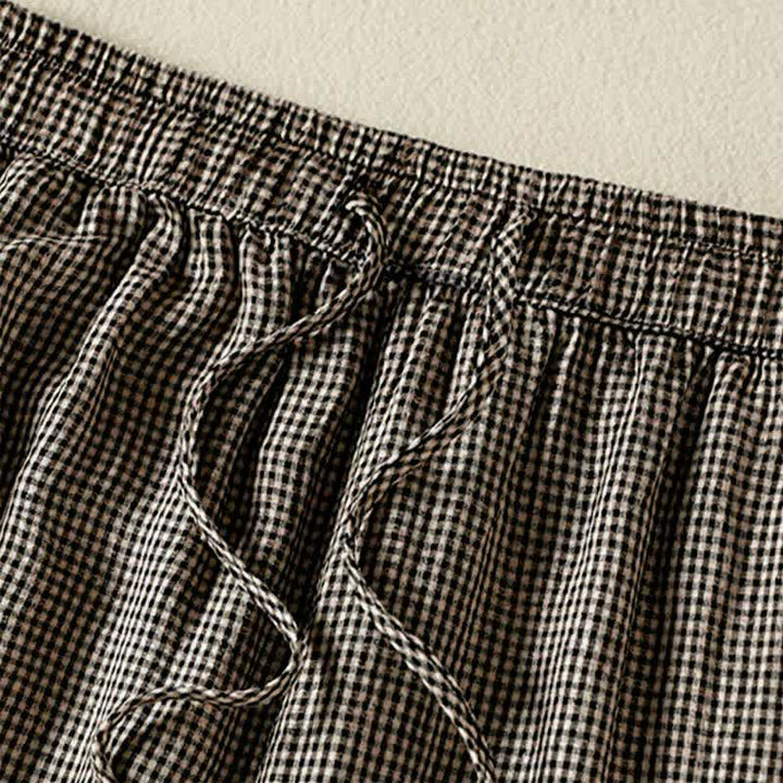 Buddha Stones Pantalones tobilleros de lino a cuadros con cordón ajustable, estilo casual de verano para mujer, de pierna ancha y con bolsillo. - image 5