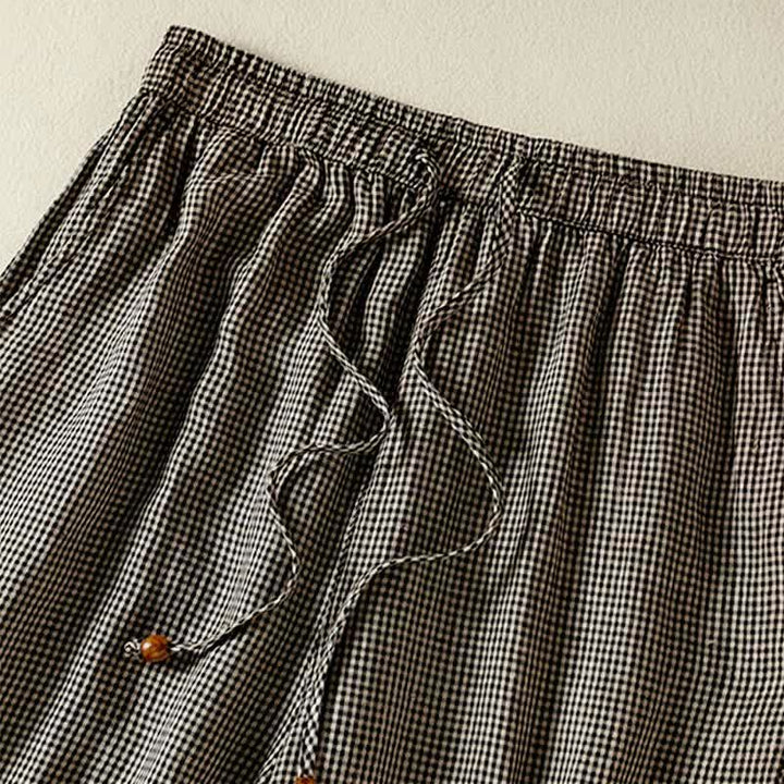 Buddha Stones Pantalones tobilleros de lino a cuadros con cordón ajustable, estilo casual de verano para mujer, de pierna ancha y con bolsillo. - image 3