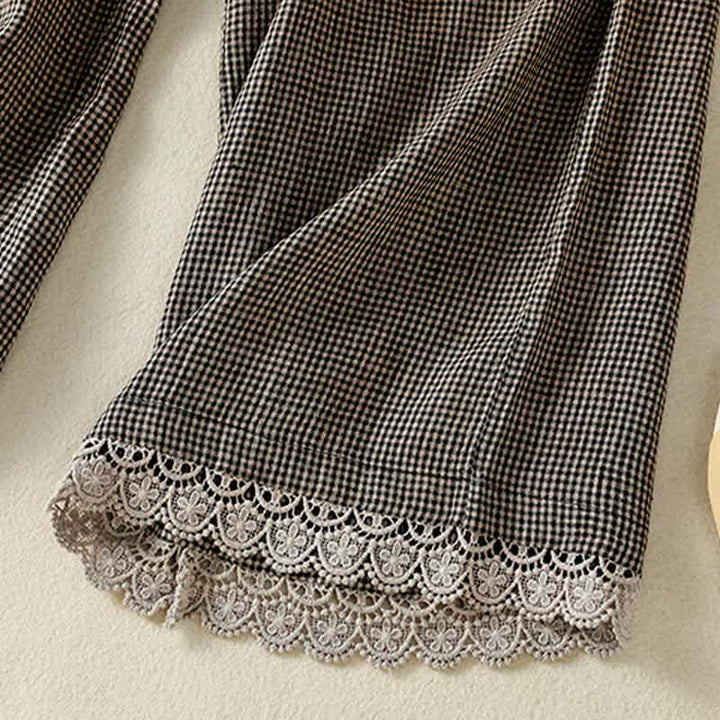 Buddha Stones Pantalones tobilleros de lino a cuadros con cordón ajustable, estilo casual de verano para mujer, de pierna ancha y con bolsillo. - image 11
