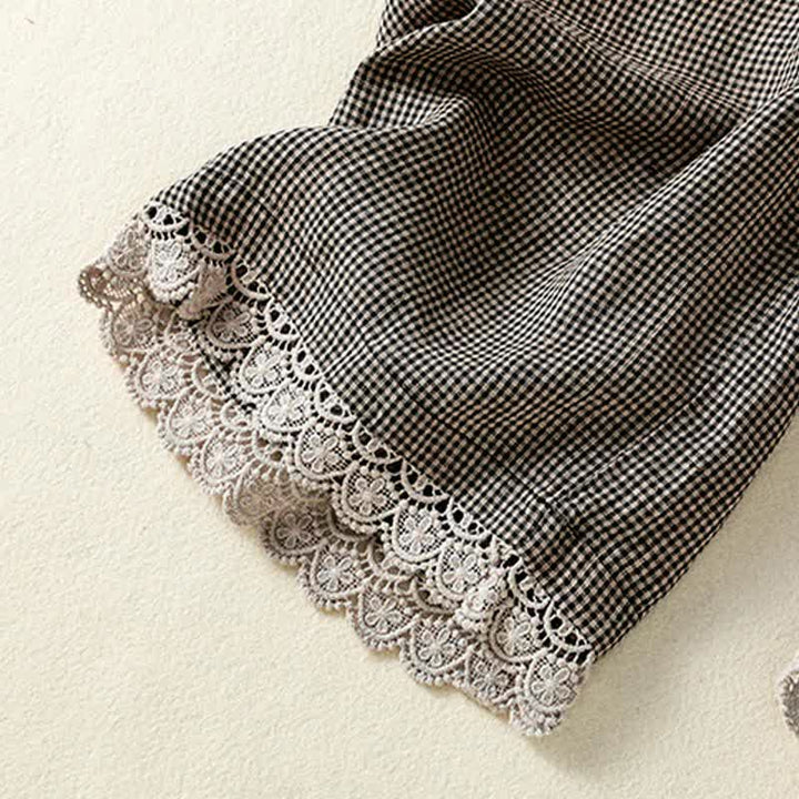 Buddha Stones Pantalones tobilleros de lino a cuadros con cordón ajustable, estilo casual de verano para mujer, de pierna ancha y con bolsillo. - image 8