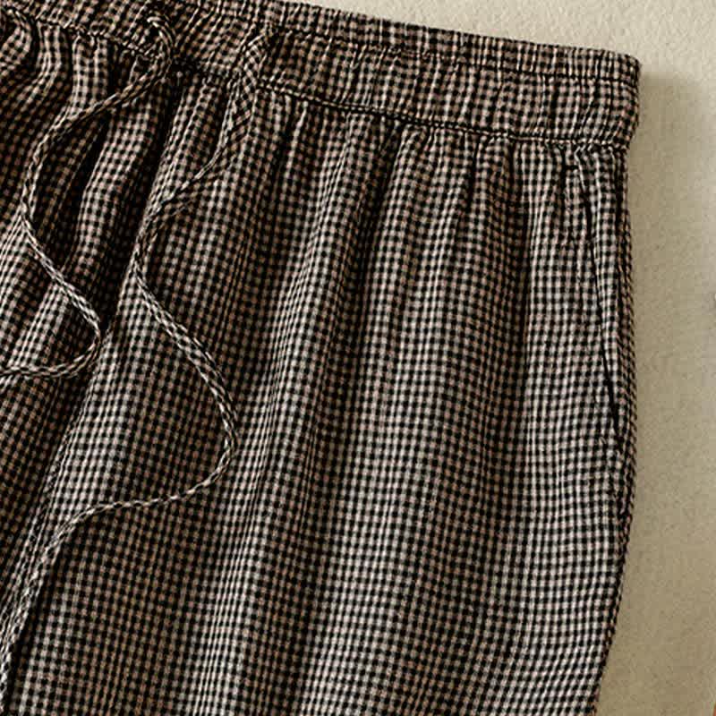 Buddha Stones Pantalones tobilleros de lino a cuadros con cordón ajustable, estilo casual de verano para mujer, de pierna ancha y con bolsillo. - image 7