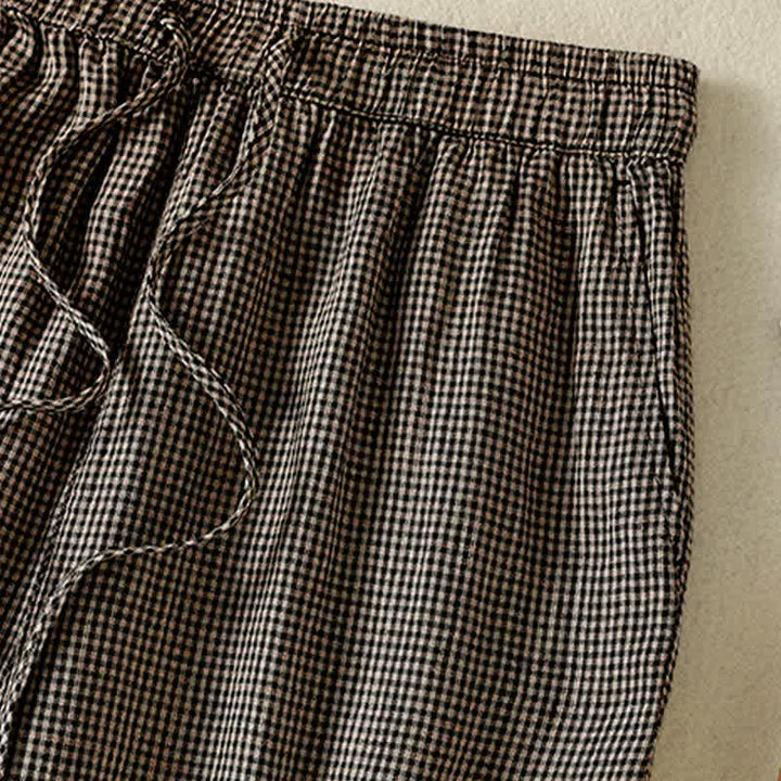 Buddha Stones Pantalones tobilleros de lino a cuadros con cordón ajustable, estilo casual de verano para mujer, de pierna ancha y con bolsillo. - image 7