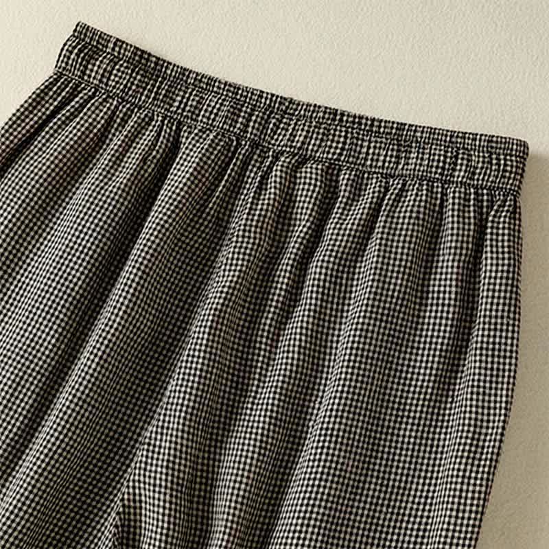 Buddha Stones Pantalones tobilleros de lino a cuadros con cordón ajustable, estilo casual de verano para mujer, de pierna ancha y con bolsillo. - image 10