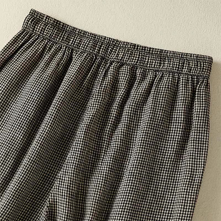 Buddha Stones Pantalones tobilleros de lino a cuadros con cordón ajustable, estilo casual de verano para mujer, de pierna ancha y con bolsillo. - image 10