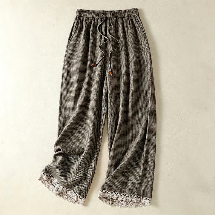 Buddha Stones Pantalones tobilleros de lino a cuadros con cordón ajustable, estilo casual de verano para mujer, de pierna ancha y con bolsillo. - Gris - US8-10, UK/AU12-14, EU40-42 (2XL) - image 0