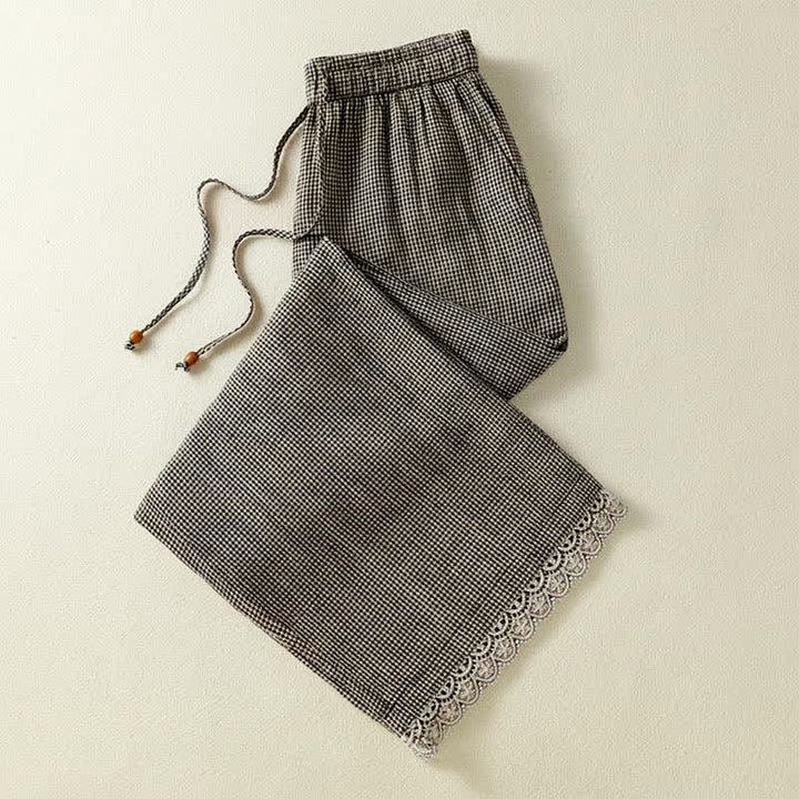 Buddha Stones Pantalones tobilleros de lino a cuadros con cordón ajustable, estilo casual de verano para mujer, de pierna ancha y con bolsillo. - image 2