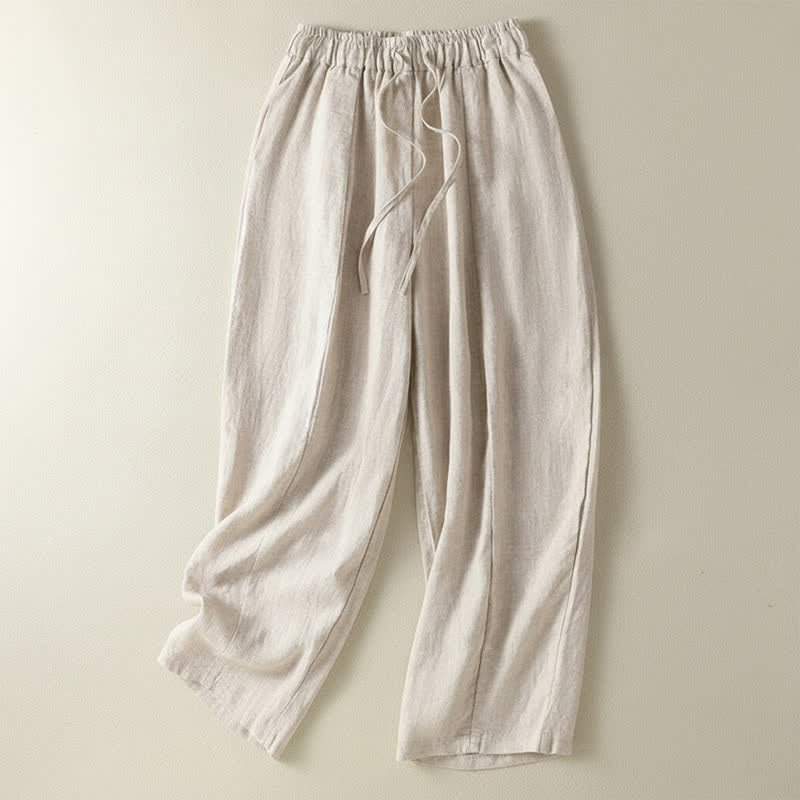 Buddha Stones Pantalones tobilleros de lino liso con cordón ajustable, estilo casual de verano para mujer, de pierna ancha y con bolsillo. - Lino - US8-10, UK/AU12-14, EU40-42 (2XL) - image 7