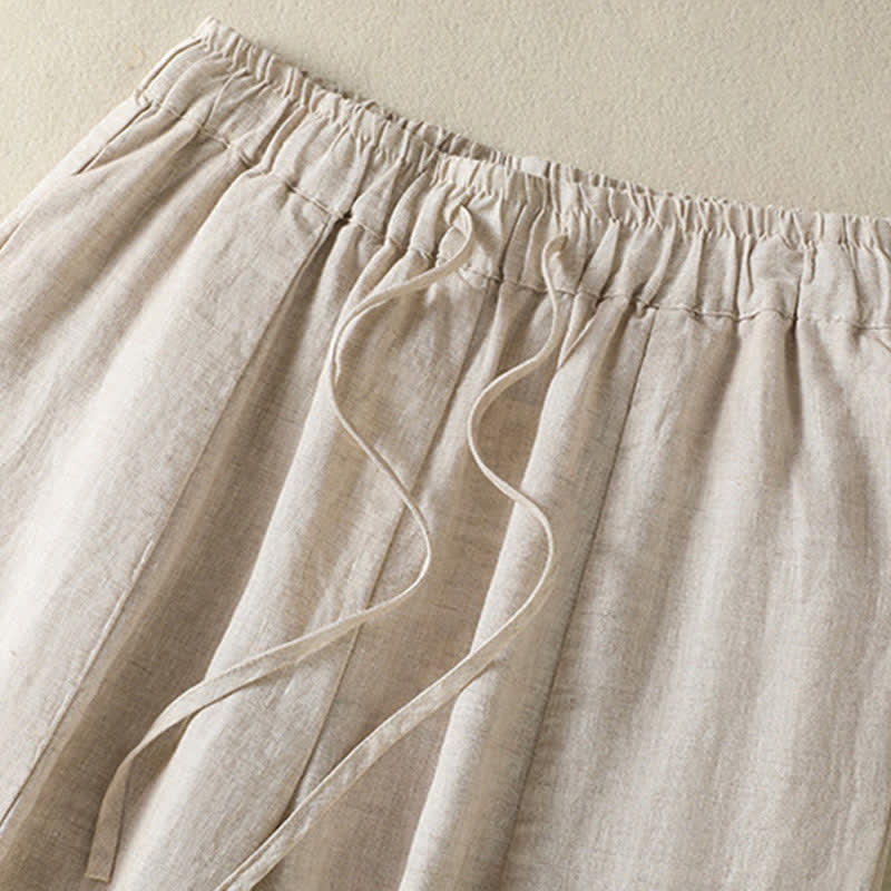 Buddha Stones Pantalones tobilleros de lino liso con cordón ajustable, estilo casual de verano para mujer, de pierna ancha y con bolsillo. - image 9