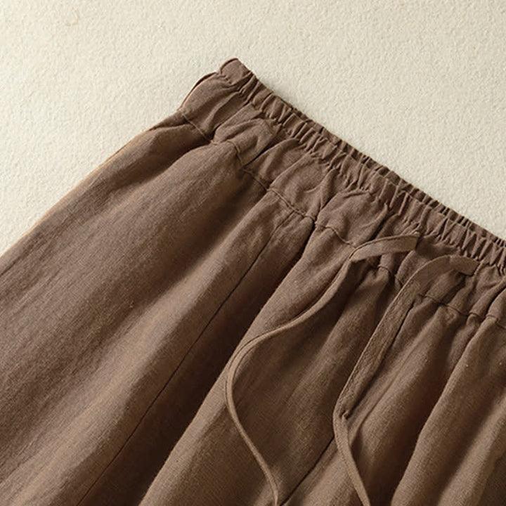 Buddha Stones Pantalones tobilleros de lino liso con cordón ajustable, estilo casual de verano para mujer, de pierna ancha y con bolsillo. - image 3