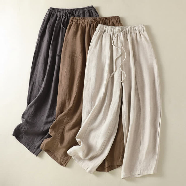 Buddha Stones Pantalones tobilleros de lino liso con cordón ajustable, estilo casual de verano para mujer, de pierna ancha y con bolsillo. - image 22