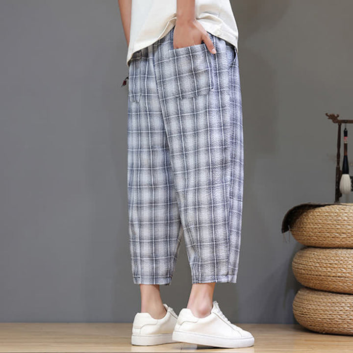 Buddha Stones Pantalones capri de verano informales con cordón ajustable y estampado a cuadros, estilo harem para hombre con bolsillos. - image 2