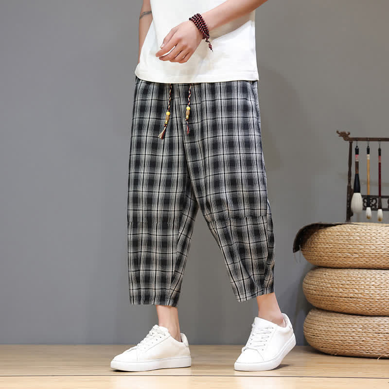 Buddha Stones Pantalones capri de verano informales con cordón ajustable y estampado a cuadros, estilo harem para hombre con bolsillos. - Negro - US/UK/AU46, EU56 (5XL) - image 8