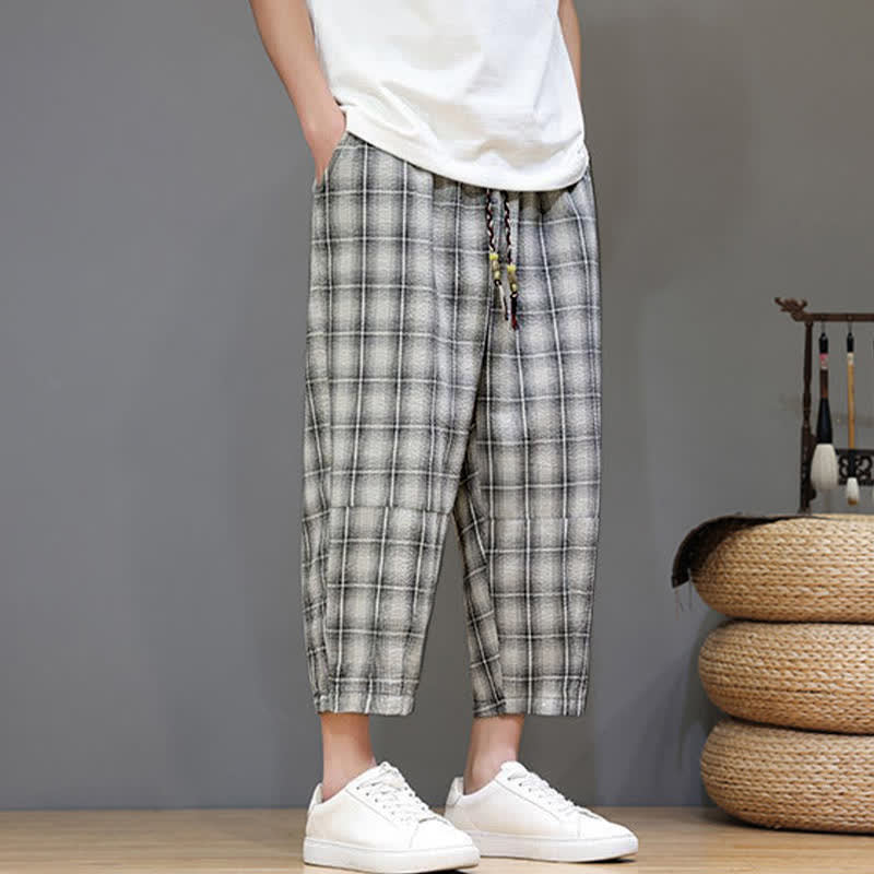 Buddha Stones Pantalones capri de verano informales con cordón ajustable y estampado a cuadros, estilo harem para hombre con bolsillos. - image 21