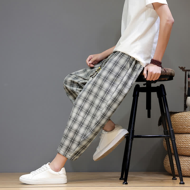 Buddha Stones Pantalones capri de verano informales con cordón ajustable y estampado a cuadros, estilo harem para hombre con bolsillos. - image 27