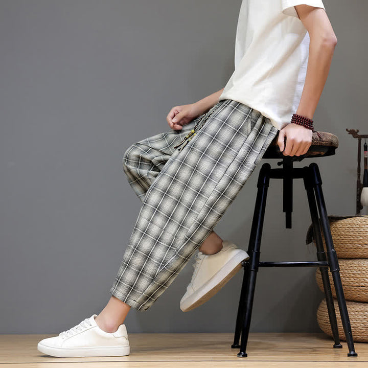 Buddha Stones Pantalones capri de verano informales con cordón ajustable y estampado a cuadros, estilo harem para hombre con bolsillos. - image 27