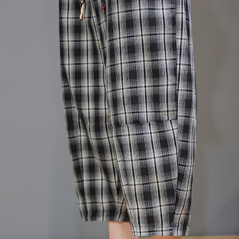 Buddha Stones Pantalones capri de verano informales con cordón ajustable y estampado a cuadros, estilo harem para hombre con bolsillos. - image 19