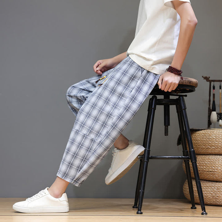 Buddha Stones Pantalones capri de verano informales con cordón ajustable y estampado a cuadros, estilo harem para hombre con bolsillos. - image 7