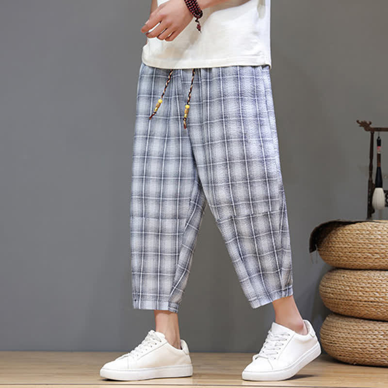 Buddha Stones Pantalones capri de verano informales con cordón ajustable y estampado a cuadros, estilo harem para hombre con bolsillos. - image 5