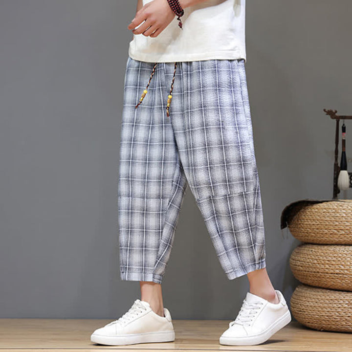 Buddha Stones Pantalones capri de verano informales con cordón ajustable y estampado a cuadros, estilo harem para hombre con bolsillos. - image 5