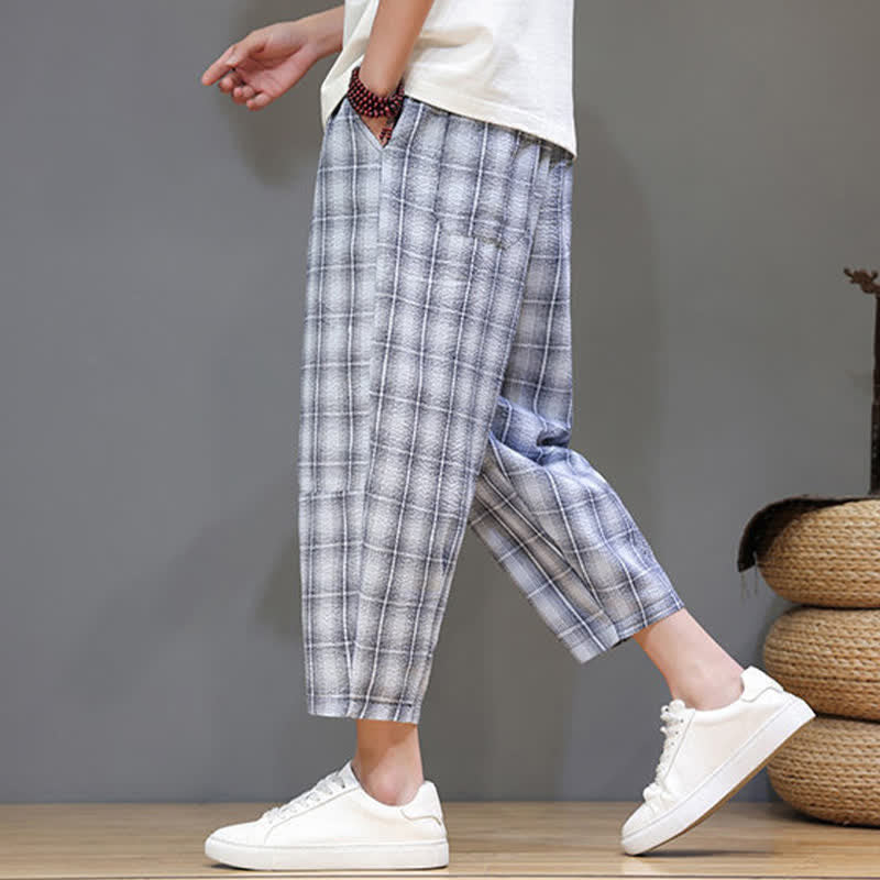 Buddha Stones Pantalones capri de verano informales con cordón ajustable y estampado a cuadros, estilo harem para hombre con bolsillos. - image 4