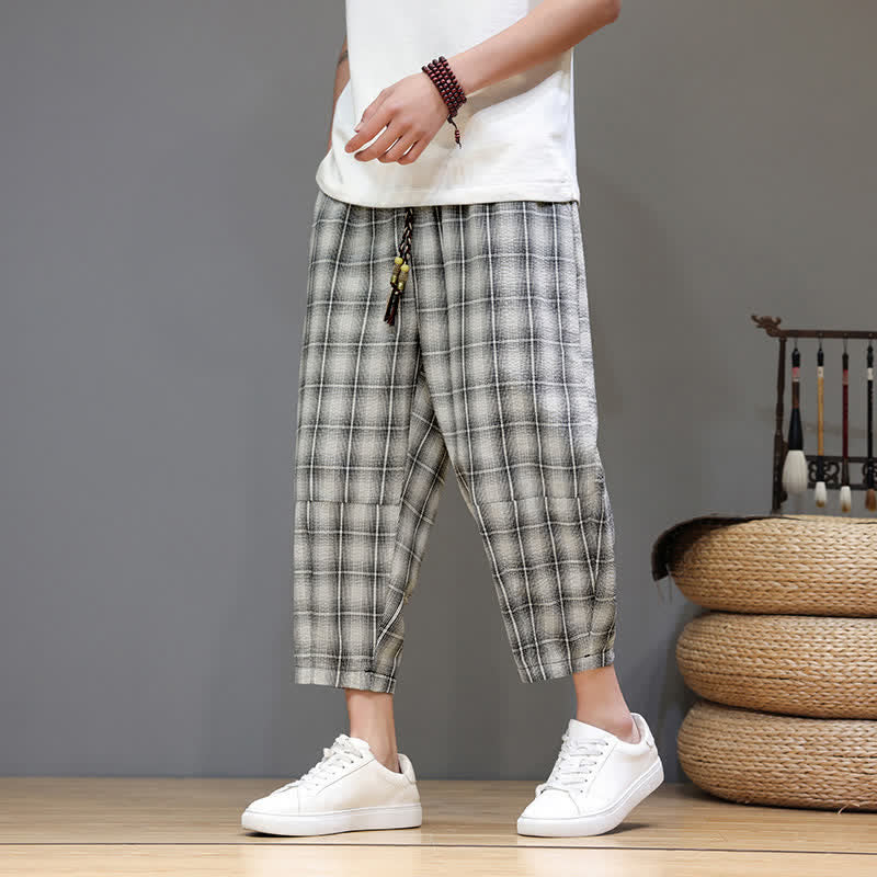 Buddha Stones Pantalones capri de verano informales con cordón ajustable y estampado a cuadros, estilo harem para hombre con bolsillos. - Beige - US/UK/AU46, EU56 (5XL) - image 20