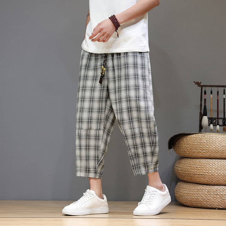 Buddha Stones Pantalones capri de verano informales con cordón ajustable y estampado a cuadros, estilo harem para hombre con bolsillos. - Beige - US/UK/AU46, EU56 (5XL) - image 20