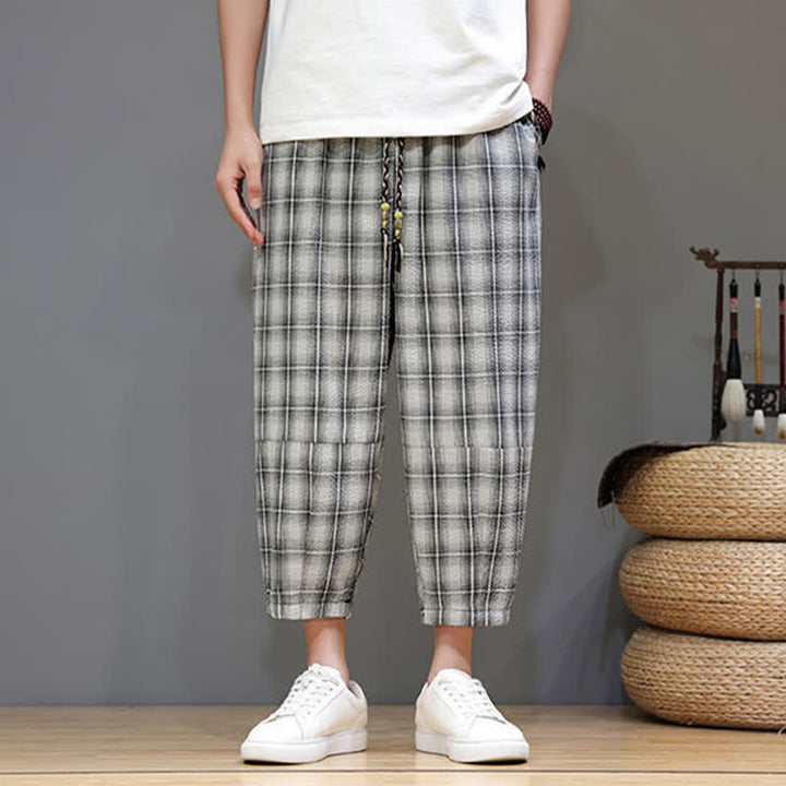 Buddha Stones Pantalones capri de verano informales con cordón ajustable y estampado a cuadros, estilo harem para hombre con bolsillos. - image 24