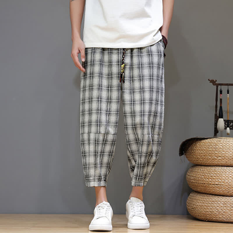 Buddha Stones Pantalones capri de verano informales con cordón ajustable y estampado a cuadros, estilo harem para hombre con bolsillos. - image 22