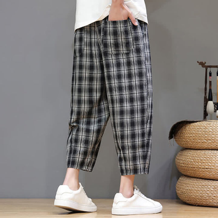 Buddha Stones Pantalones capri de verano informales con cordón ajustable y estampado a cuadros, estilo harem para hombre con bolsillos. - image 10