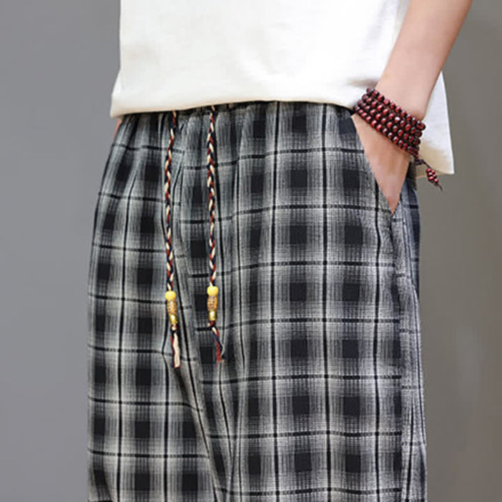 Buddha Stones Pantalones capri de verano informales con cordón ajustable y estampado a cuadros, estilo harem para hombre con bolsillos. - image 16