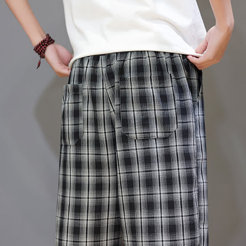 Buddha Stones Pantalones capri de verano informales con cordón ajustable y estampado a cuadros, estilo harem para hombre con bolsillos. - image 18