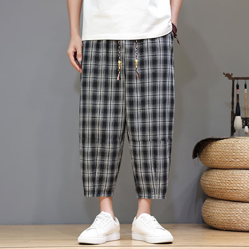 Buddha Stones Pantalones capri de verano informales con cordón ajustable y estampado a cuadros, estilo harem para hombre con bolsillos. - image 12