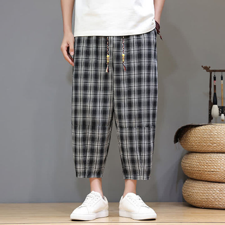 Buddha Stones Pantalones capri de verano informales con cordón ajustable y estampado a cuadros, estilo harem para hombre con bolsillos. - image 12