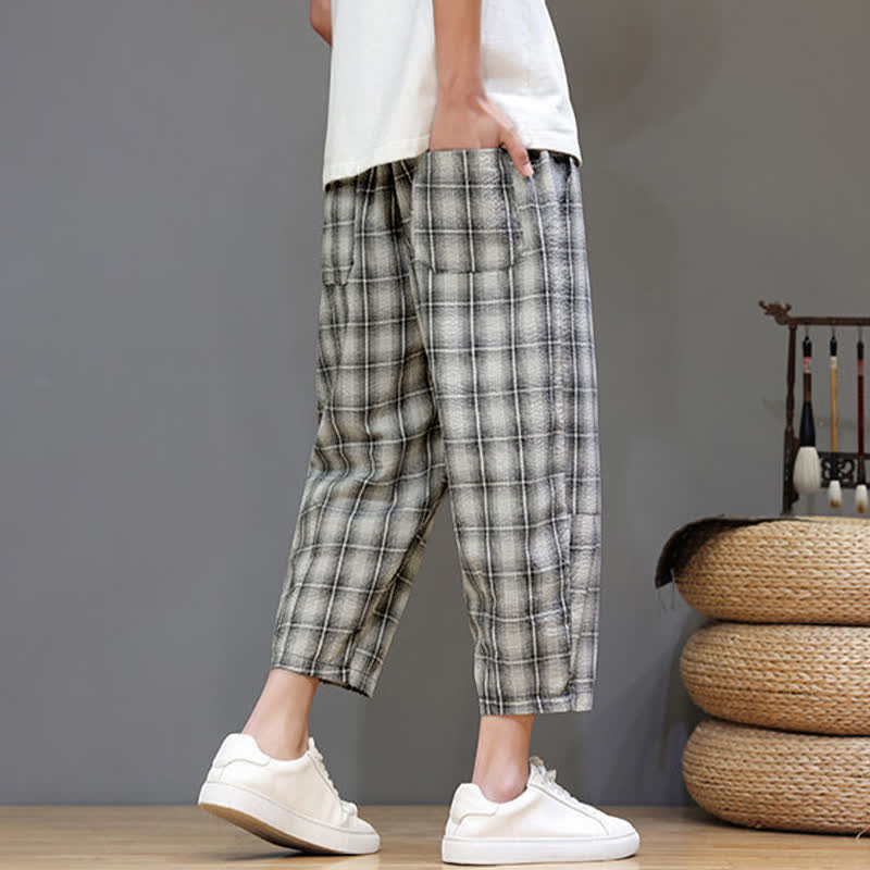 Buddha Stones Pantalones capri de verano informales con cordón ajustable y estampado a cuadros, estilo harem para hombre con bolsillos. - image 23